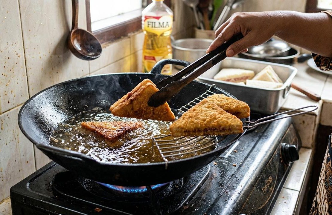 Roti tawar goreng tanpa tepung panir dengan tekstur renyah berwarna keemasan yang cocok dijadikan camilan praktis di rumah.