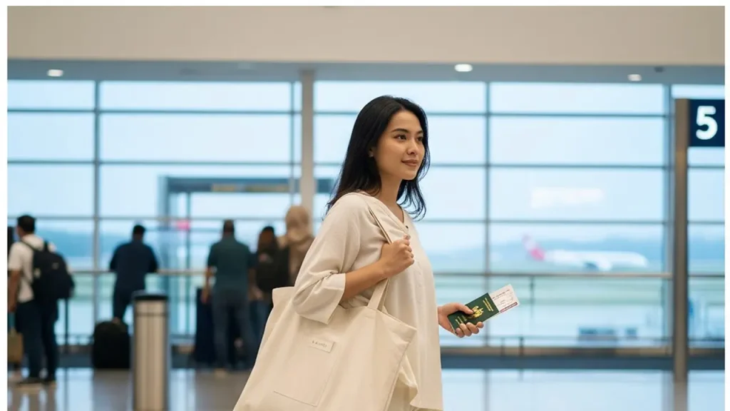 Ilustrasi outfit bandara nyaman dengan pakaian kasual, sneakers, jaket ringan, dan tas praktis untuk perjalanan pesawat.