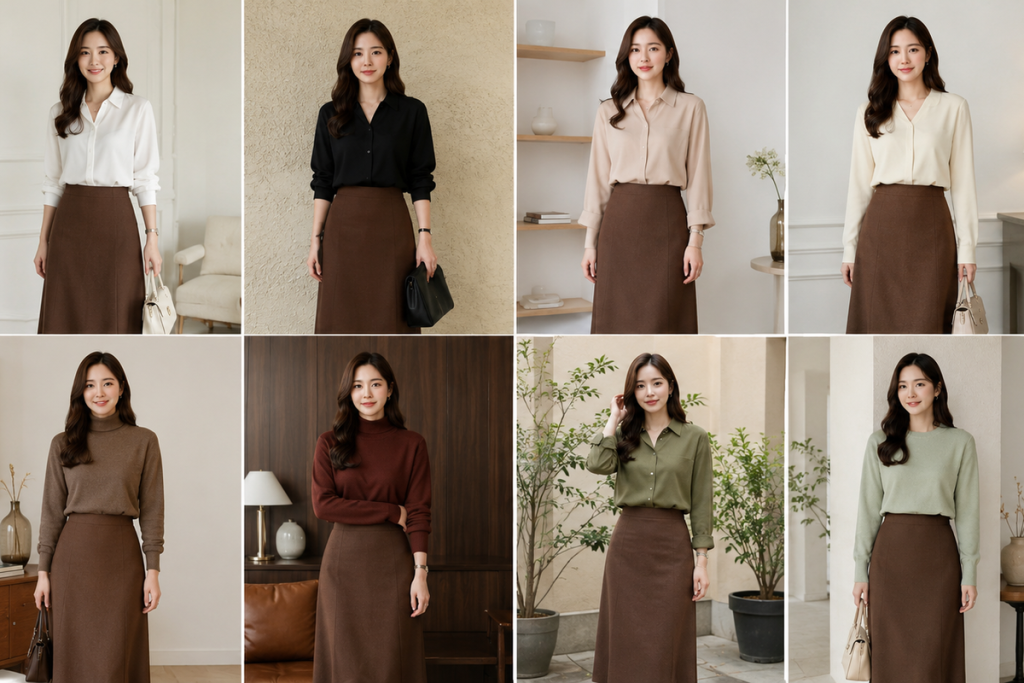 Inspirasi kombinasi rok coklat dengan berbagai warna baju untuk tampilan stylish dan elegan.