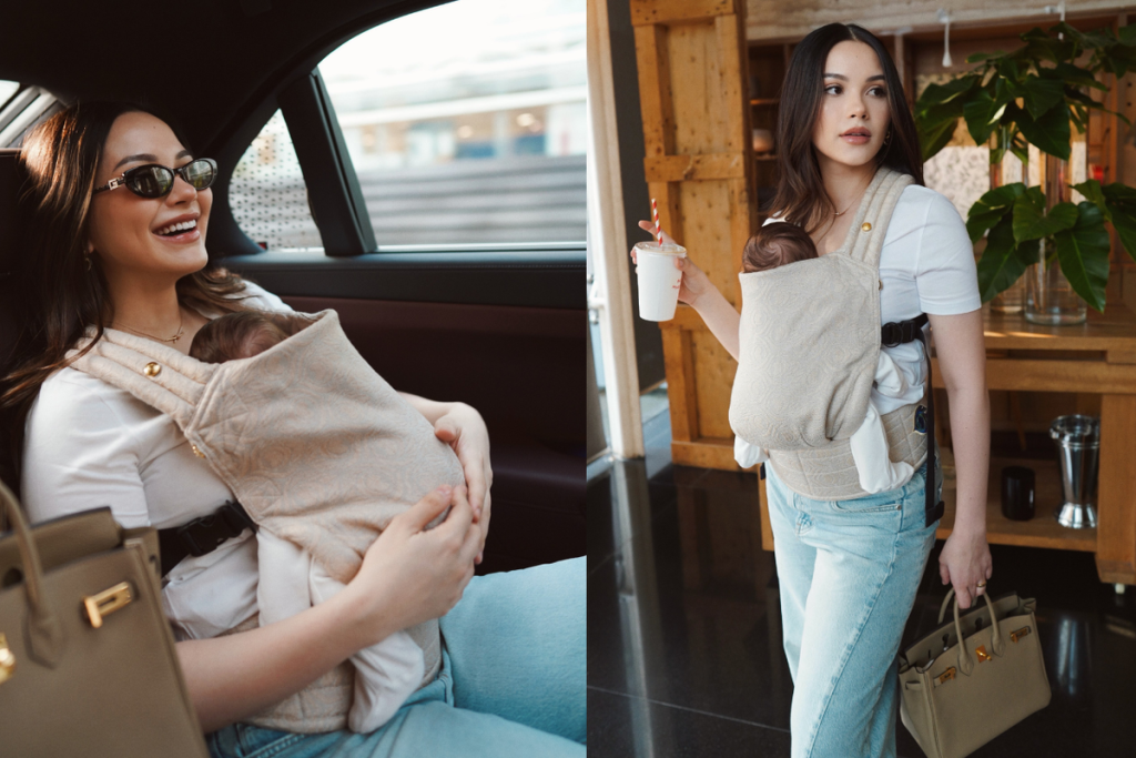 Alyssa Daguise tampil kasual dengan kaus putih, jeans biru muda, dan tas Hermès Birkin 25 sambil menggendong Baby Soso.