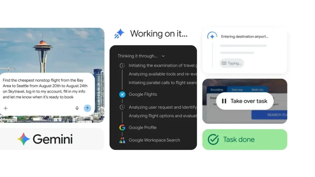 Tampilan Gemini Spark yang terintegrasi dengan browser Google Chrome di komputer desktop untuk membantu aktivitas penelusuran web secara otomatis.
